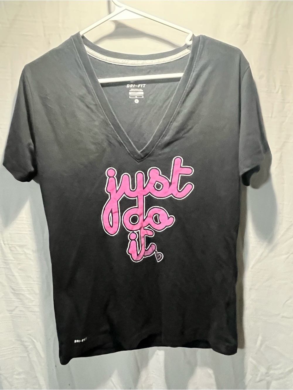 Nike Black V-Neck Tee with Pink 'Just Do It' Script